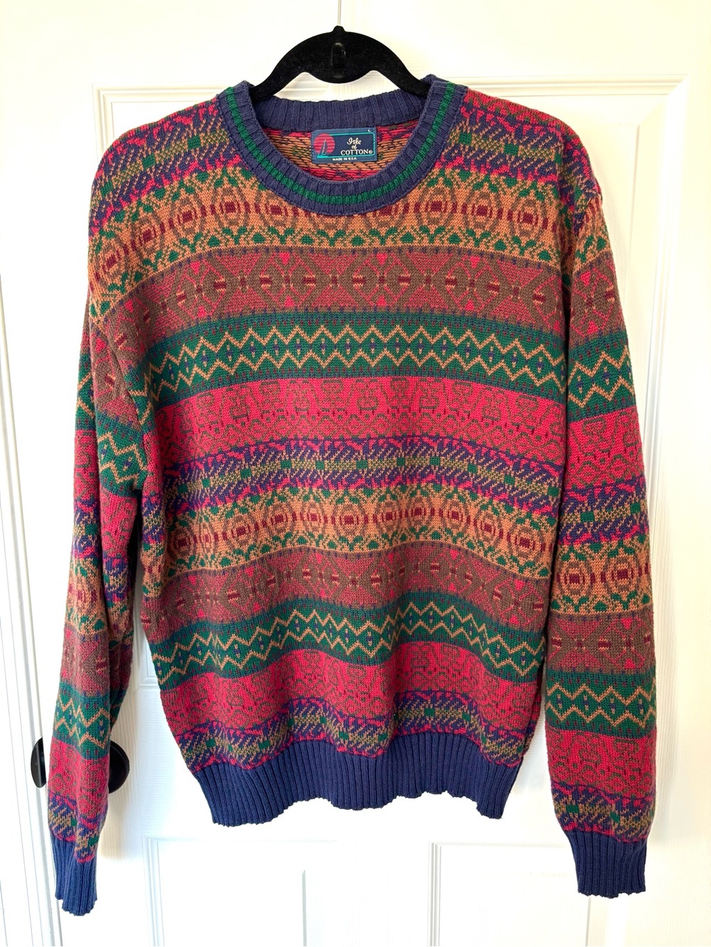 Vintage Isle of Cotton Sweater L Made in USA 100% Cotton Geometric 90s